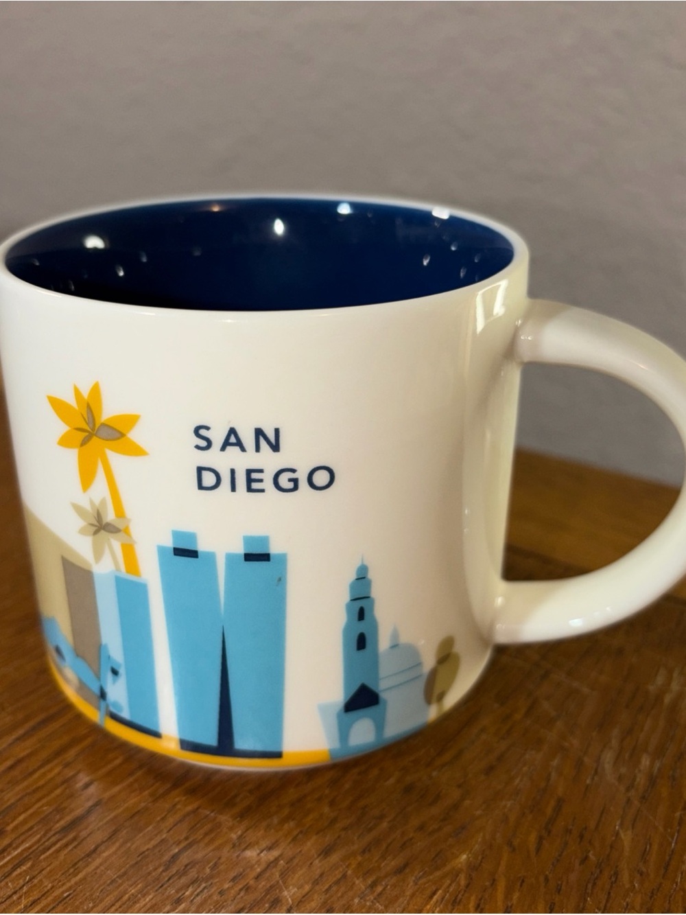 Starbucks White Mug with Blue Interior and Yellow Accent - San Diego Skyline